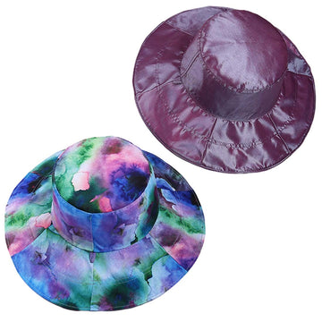 Floral print side of reversible light purple hat, back view