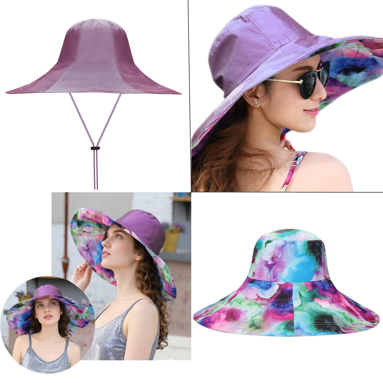 Floral print side of reversible light purple hat, front view
