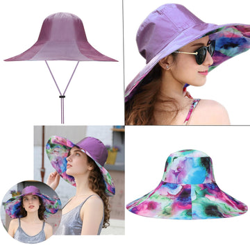 Floral print side of reversible light purple hat, front view