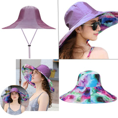 Floral print side of reversible light purple hat, front view