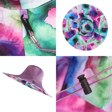 Floral print side of reversible light purple hat, side view