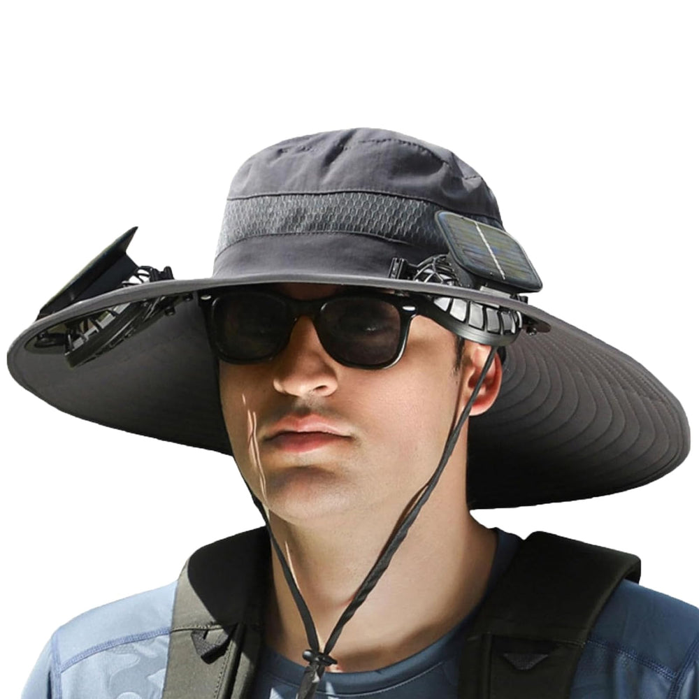 Wide brim solar hat with dual fans on the front