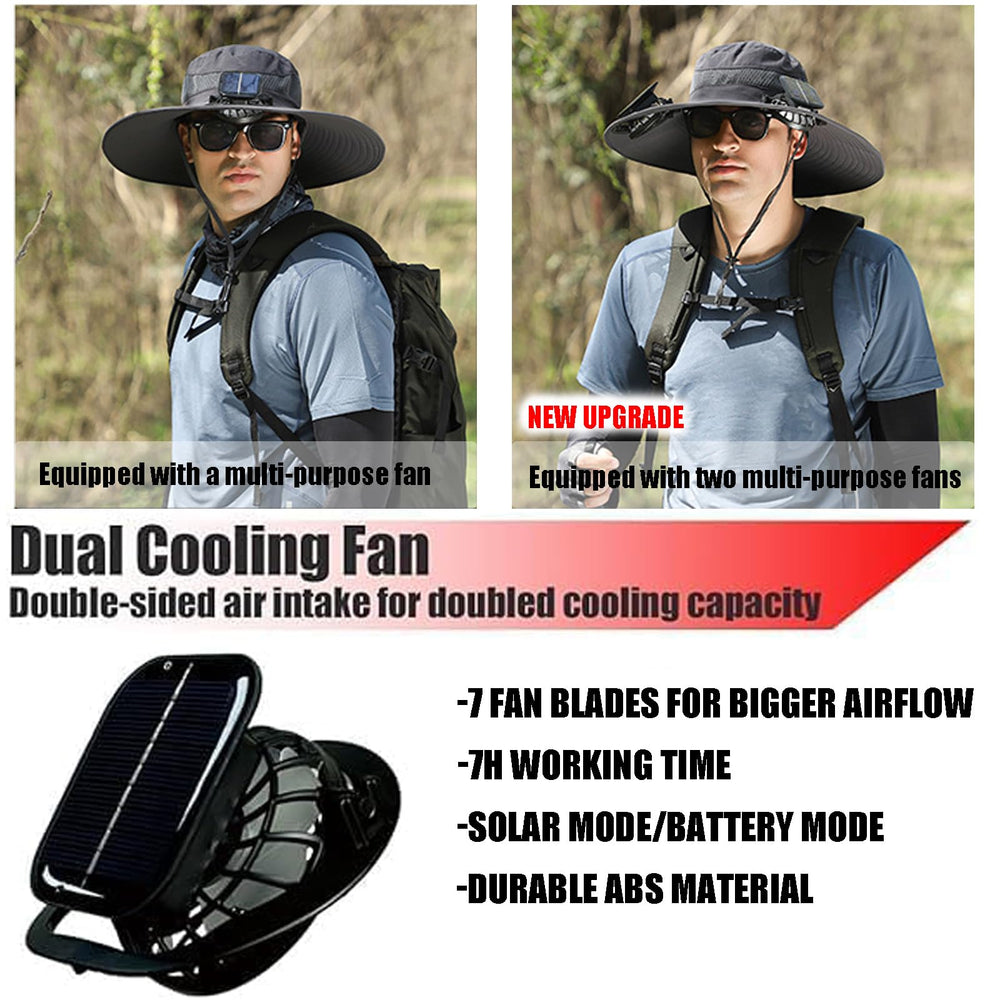 Outdoor model wearing grey solar power hat
