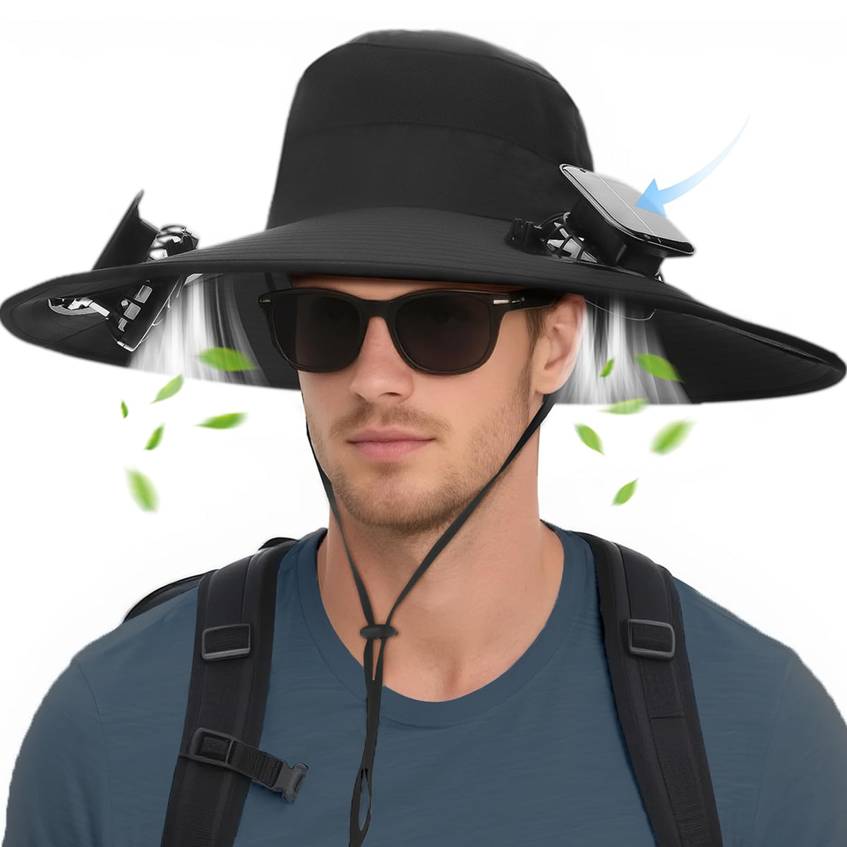 Front view of solar powered hat with two side fans