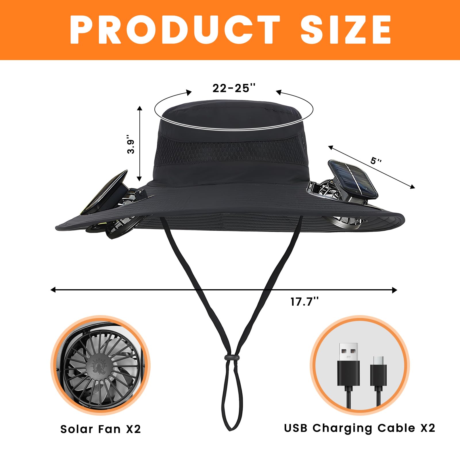Close-up of built-in solar-powered fan on hat