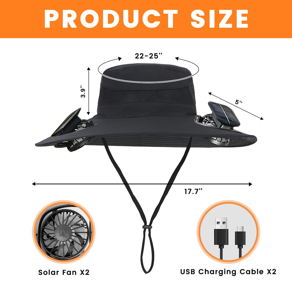 Close-up of built-in solar-powered fan on hat