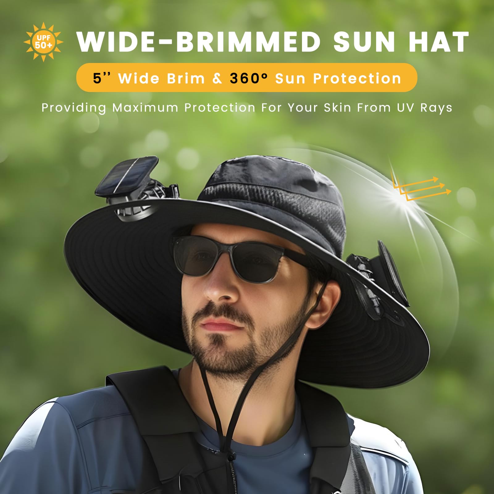 Model wearing solar-powered hat during outdoor activity