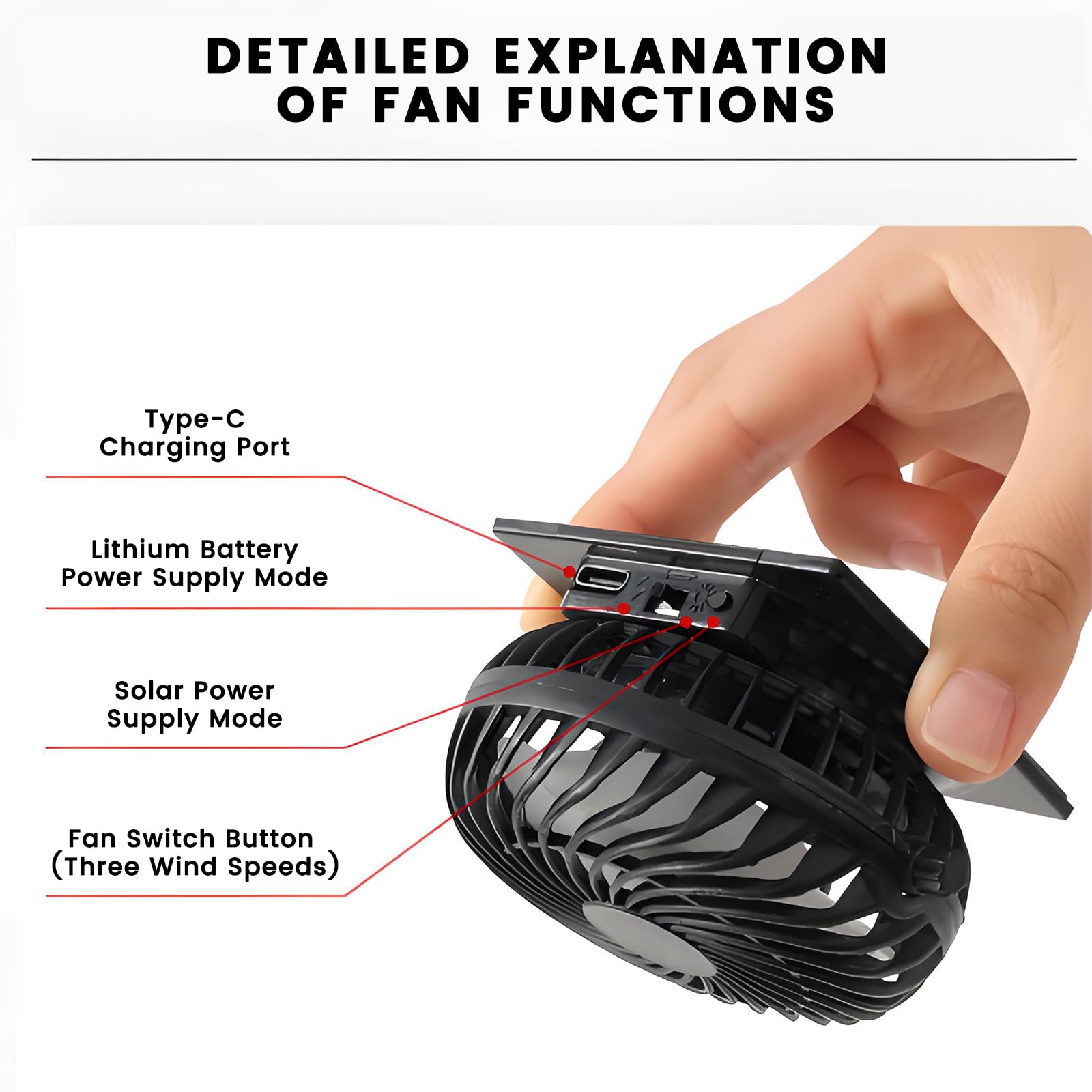 Hat with removable solar fan and USB charging cables