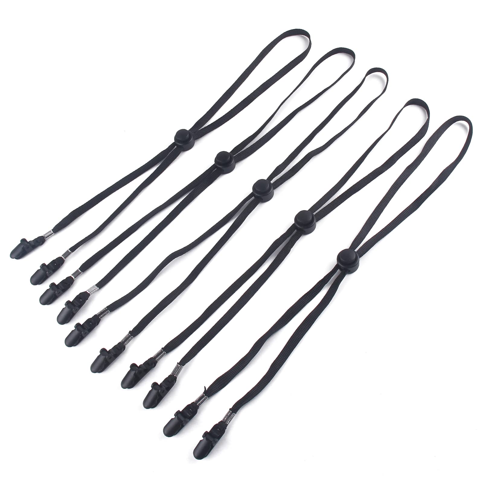 Five-pack adjustable hat strap clips in black with alligator end clips