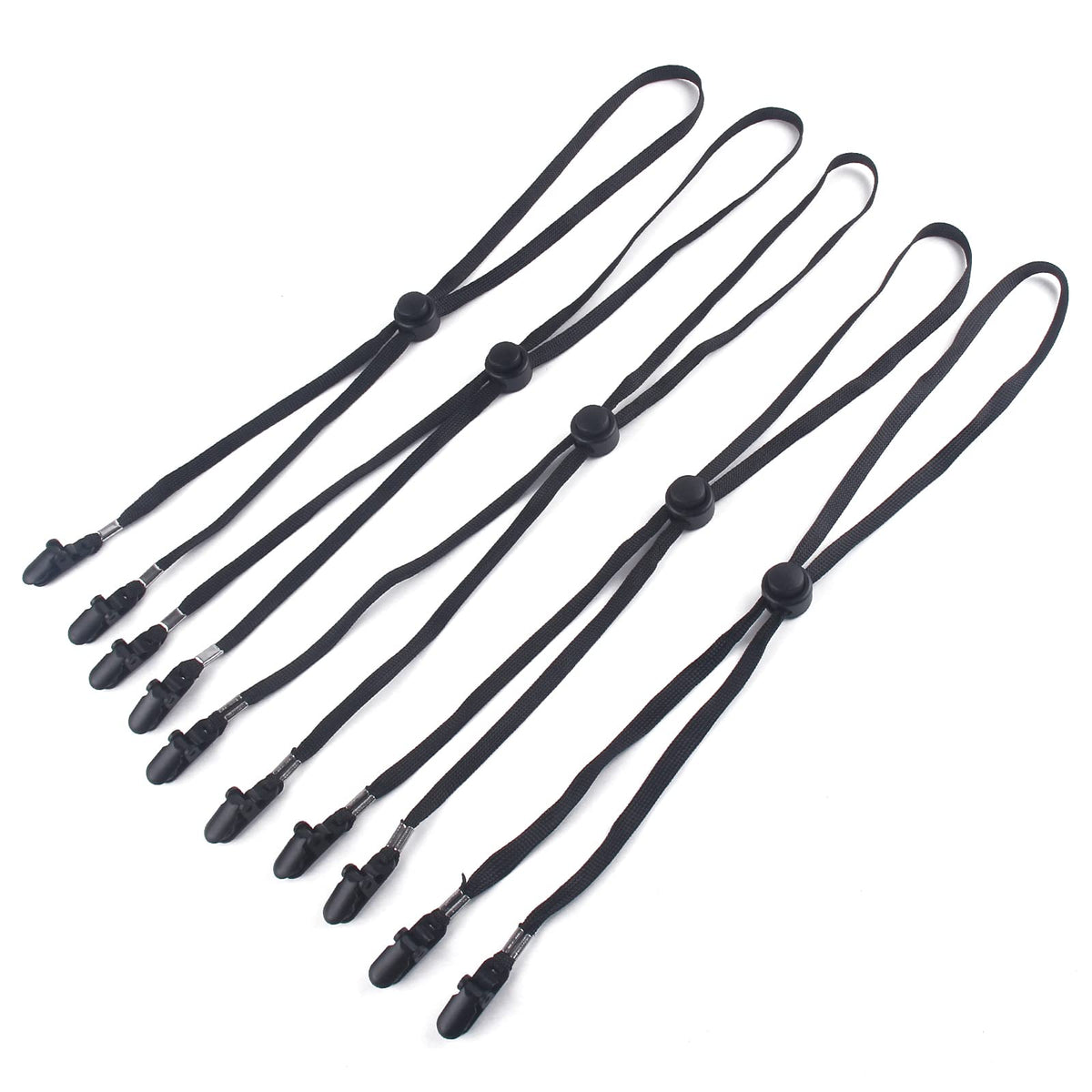 Five-pack adjustable hat strap clips in black with alligator end clips