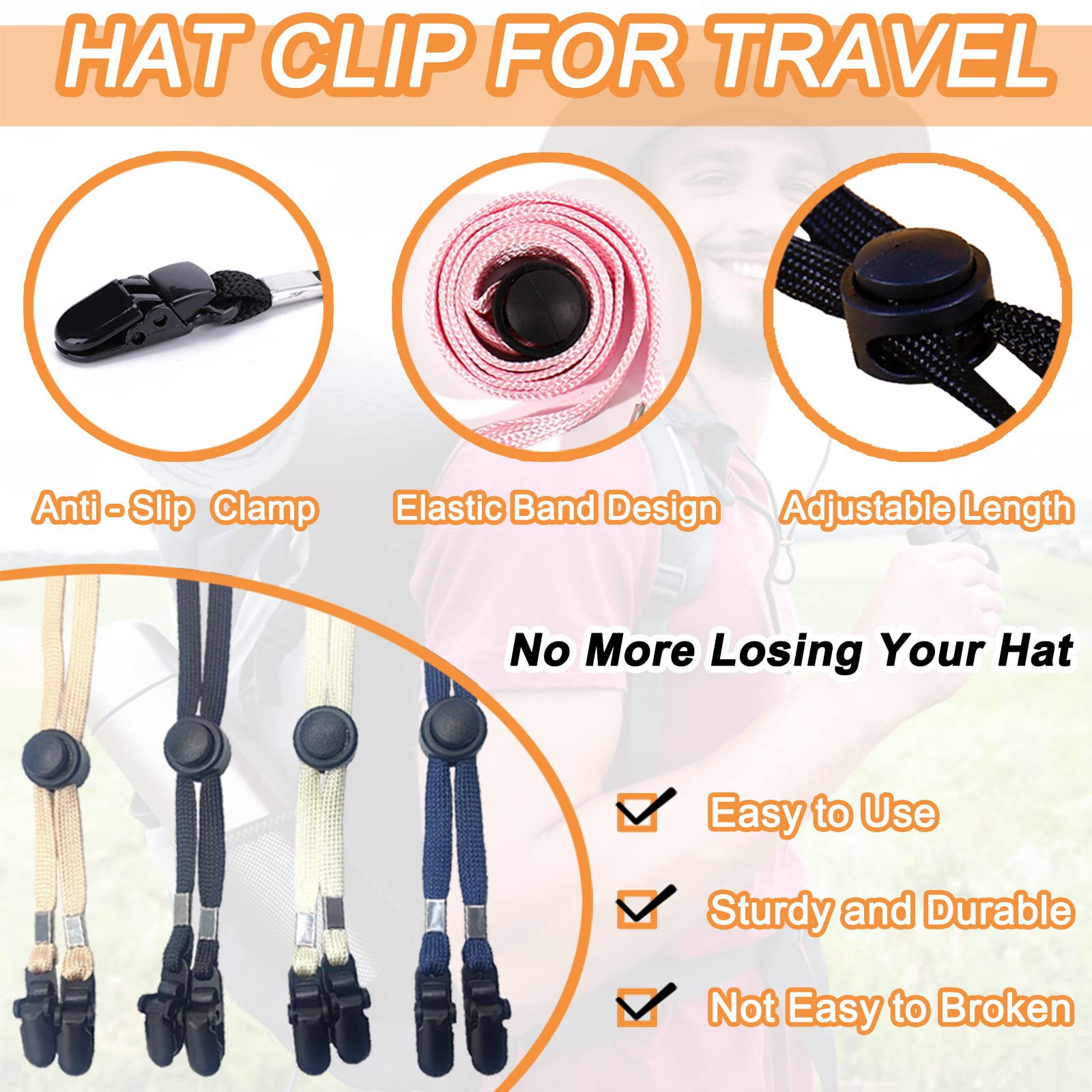 Alligator clips securing hat to clothing
