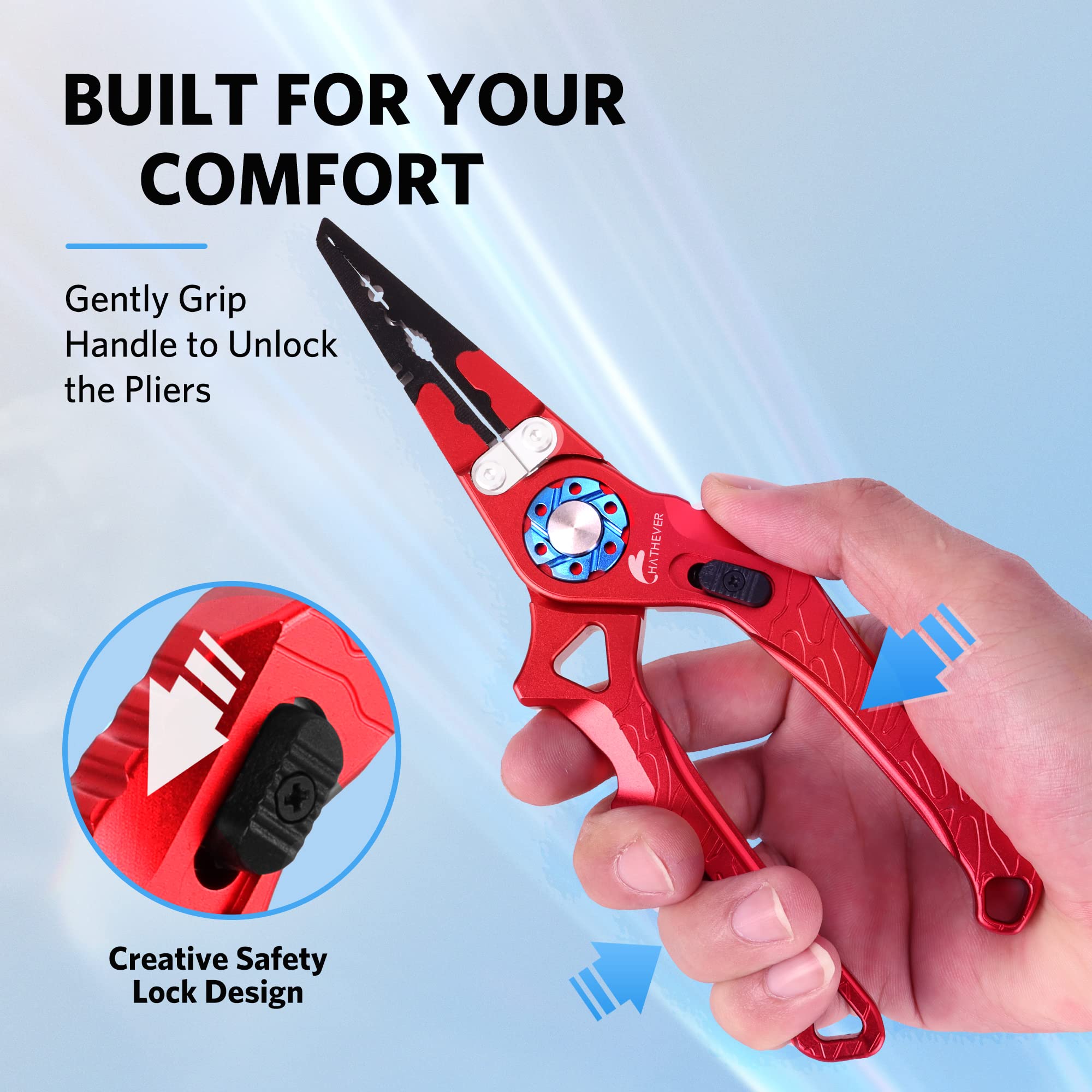 Pliers showing built-in crimping and hook removal features