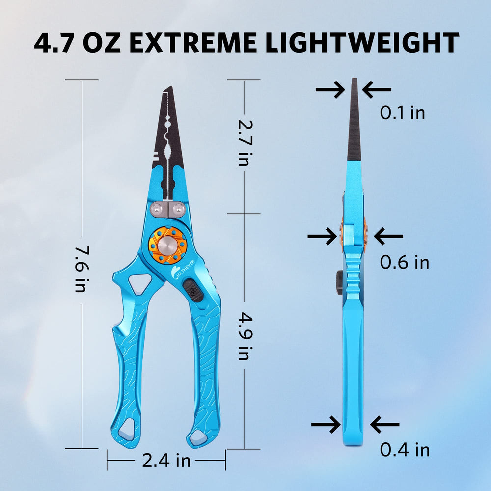 Pliers displayed with sheath, lanyard, and rugged build in saltwater setting