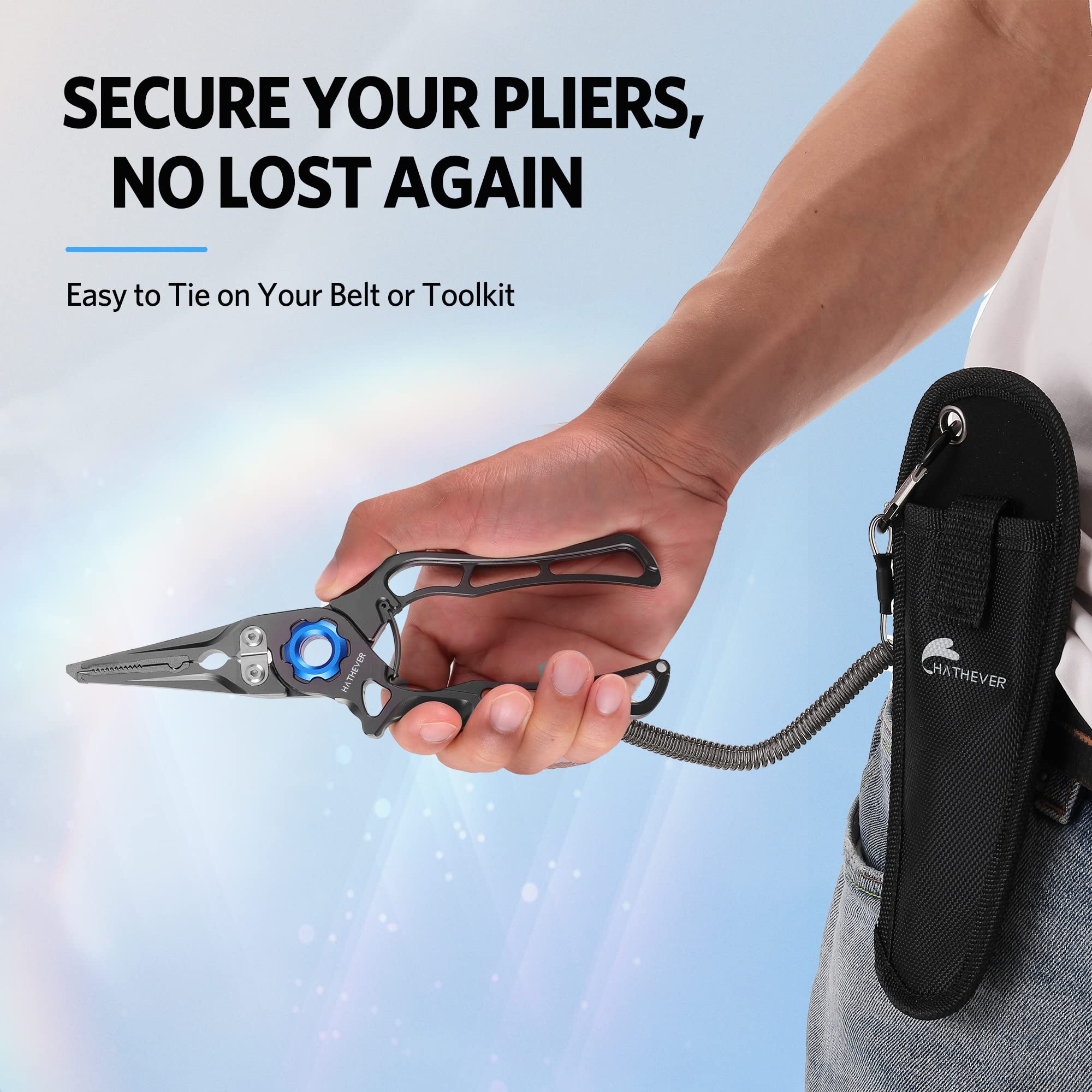 Nylon sheath and wire coiled lanyard included with pliers