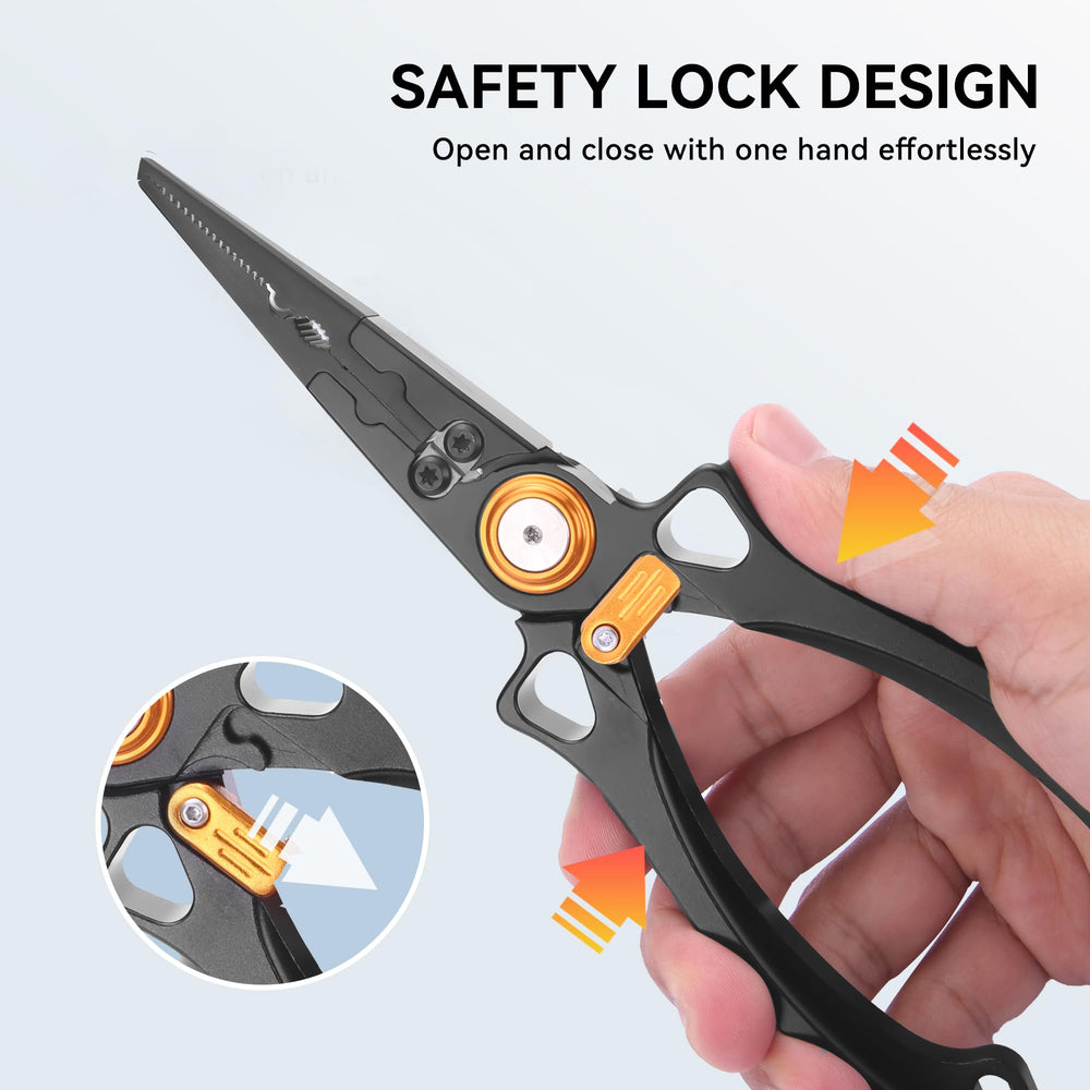 Pliers gripping a hook and showing built-in crimping slot