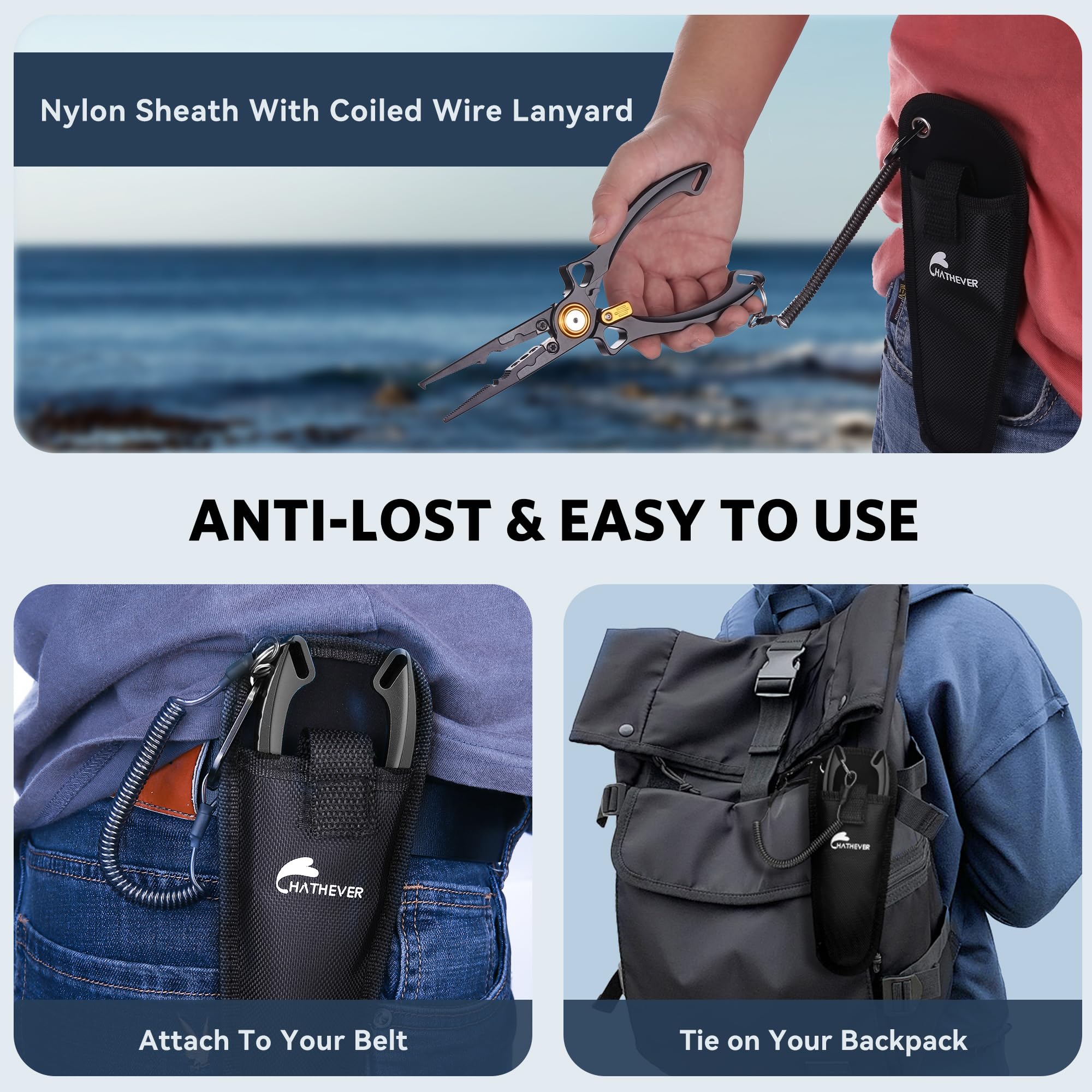 Pliers with coiled lanyard and nylon sheath included