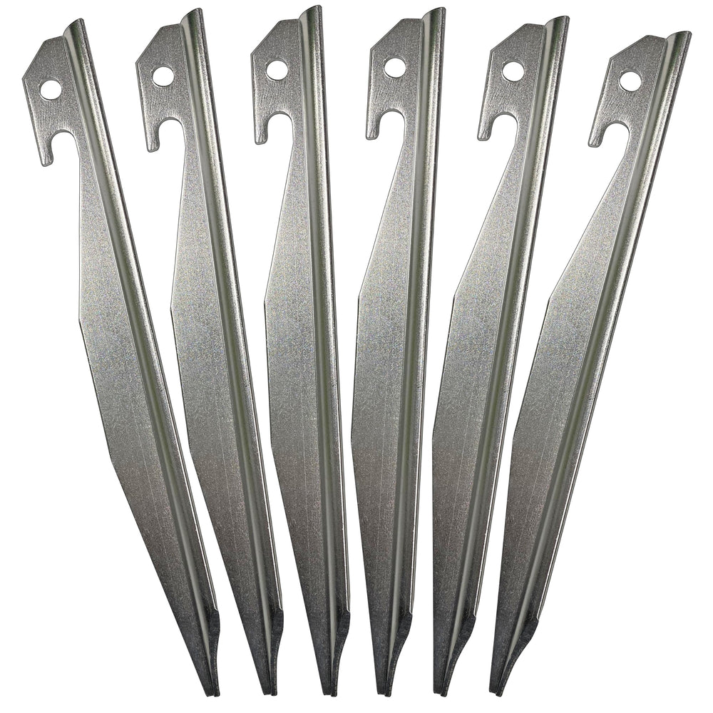 Haute Decor heavy-duty metal tent stake 10-inch anchors securely in varied soil.
