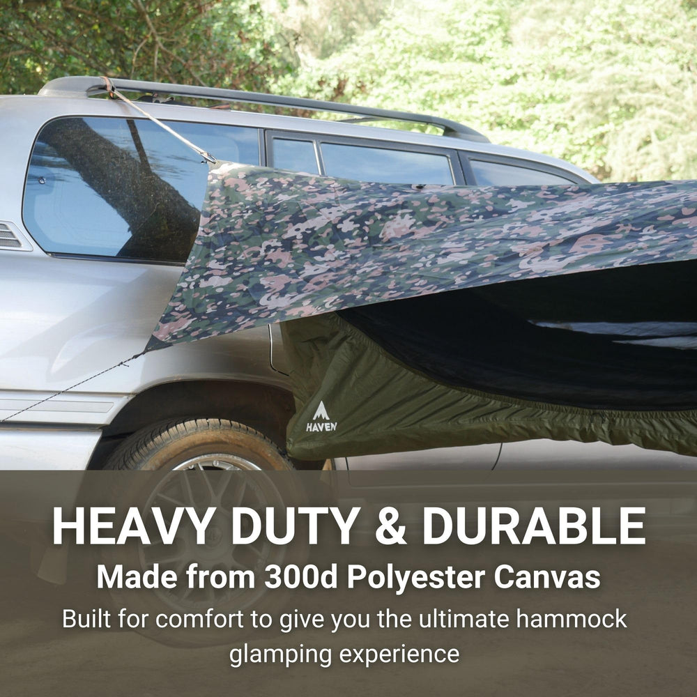 Haven Safari canvas-hammock-body offers rugged durability for long-lasting outdoor use.