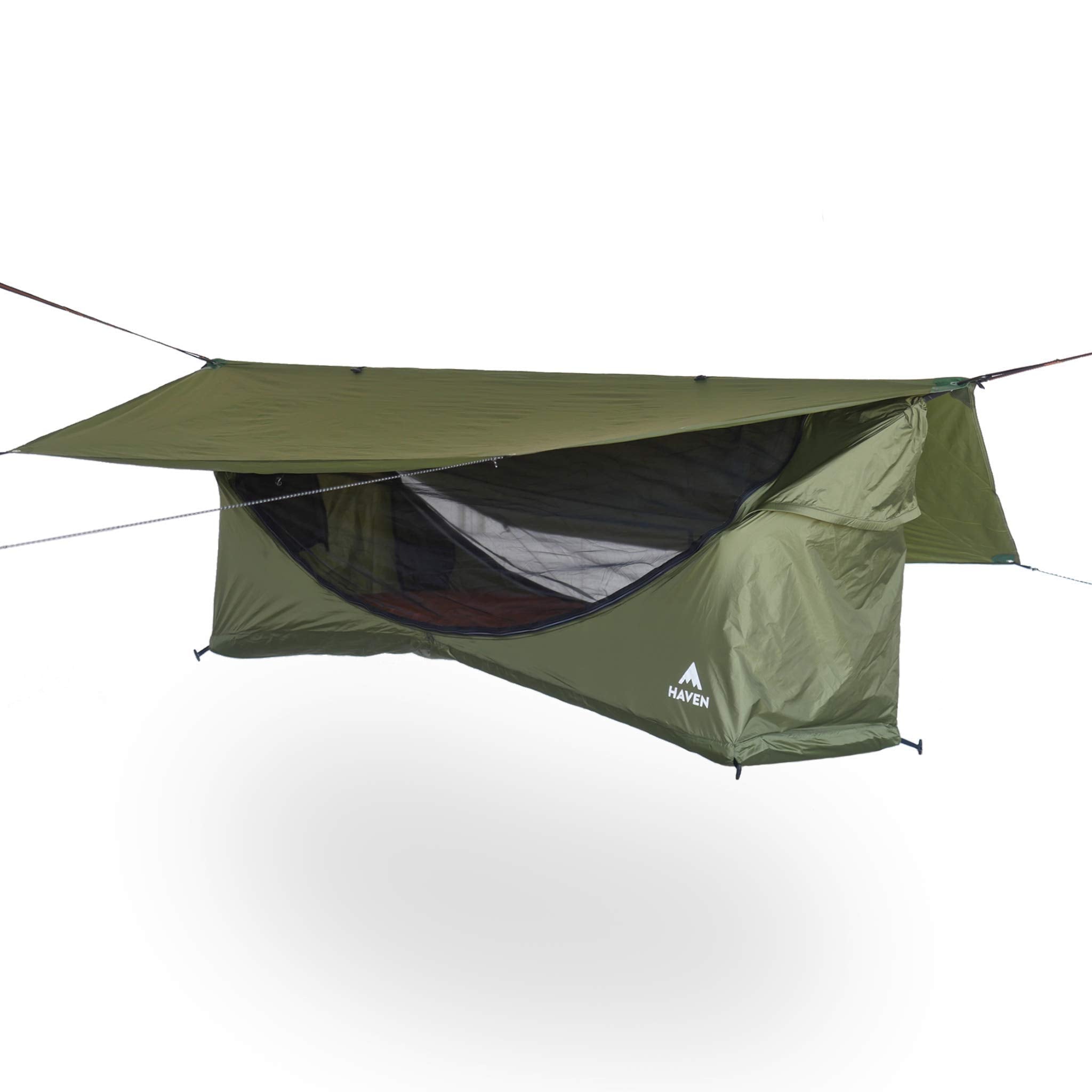 Haven Tents Original lay-flat hammock forest green showing bed-like comfort for versatile sleep