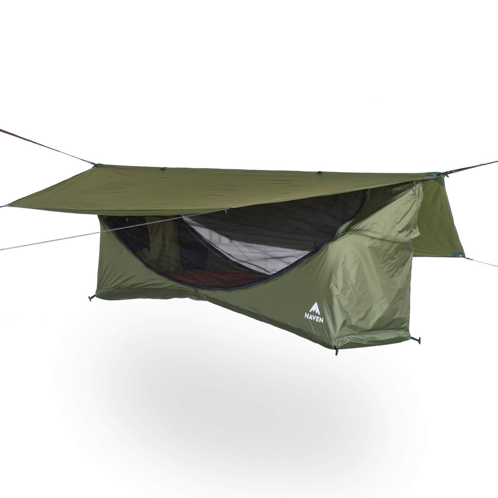 Haven Tents Original lay-flat hammock forest green showing bed-like comfort for versatile sleep