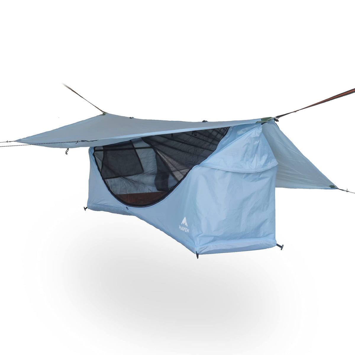 Haven Tents original lay-flat hammock tent with sky-blue rainfly keeps you dry during showers
