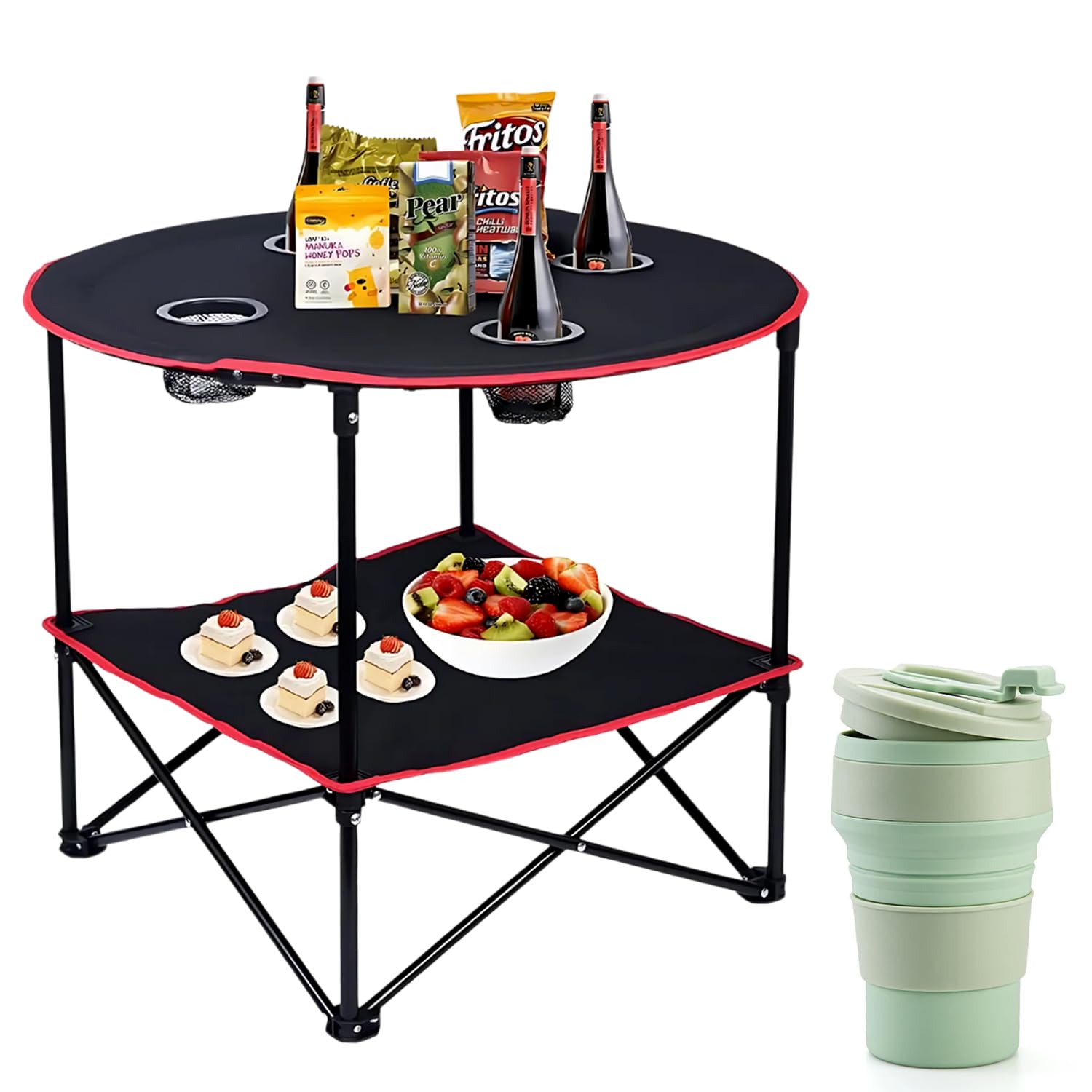 HavenCove camping table top view shows durable 600D canvas for outdoor meals.