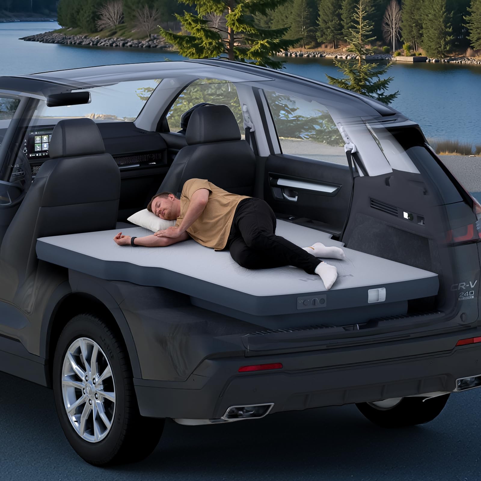 Havnby AutoLevel 4-inch foam mattress on CR-V backseat offering flat, comfortable sleep.