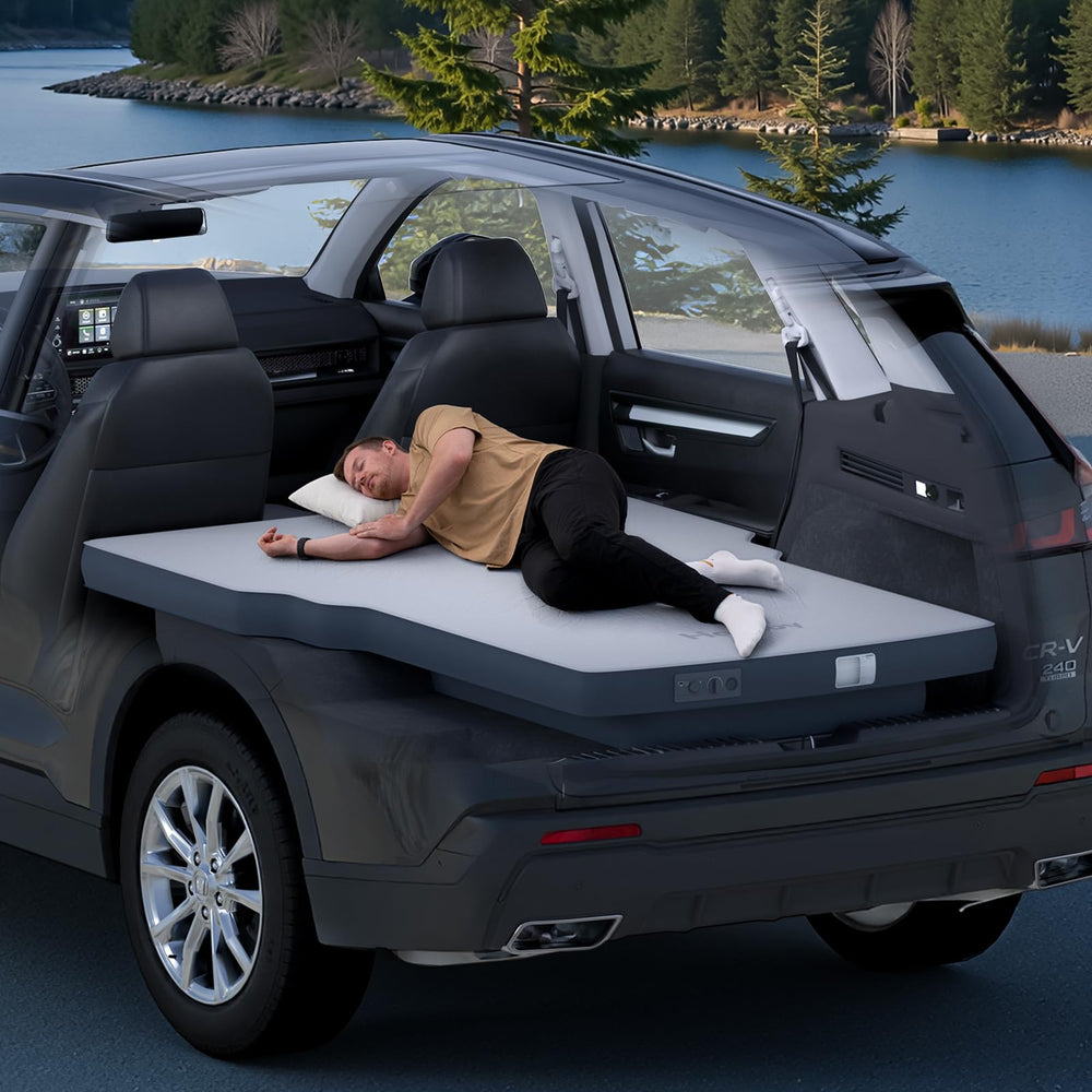 Havnby AutoLevel 4-inch foam mattress on CR-V backseat offering flat, comfortable sleep.