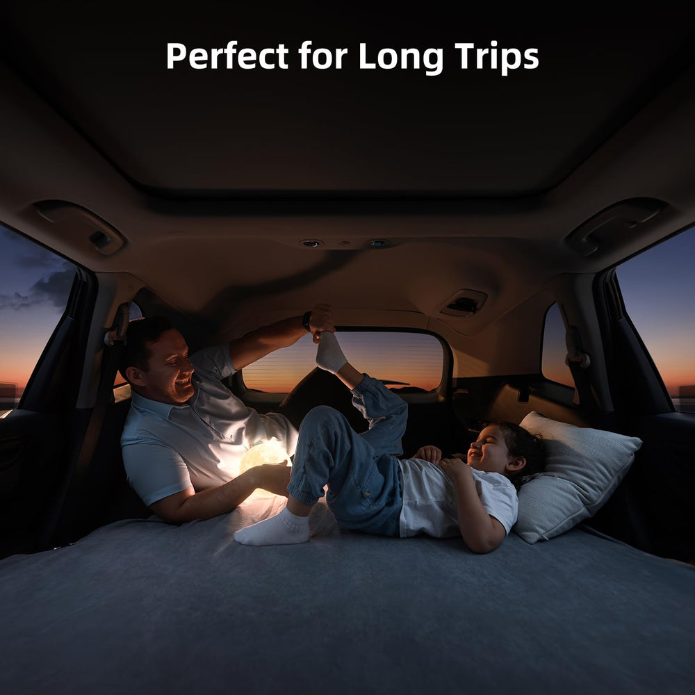 Havnby AutoLevel edge-reinforced foam supports two adults and a child for family trips.