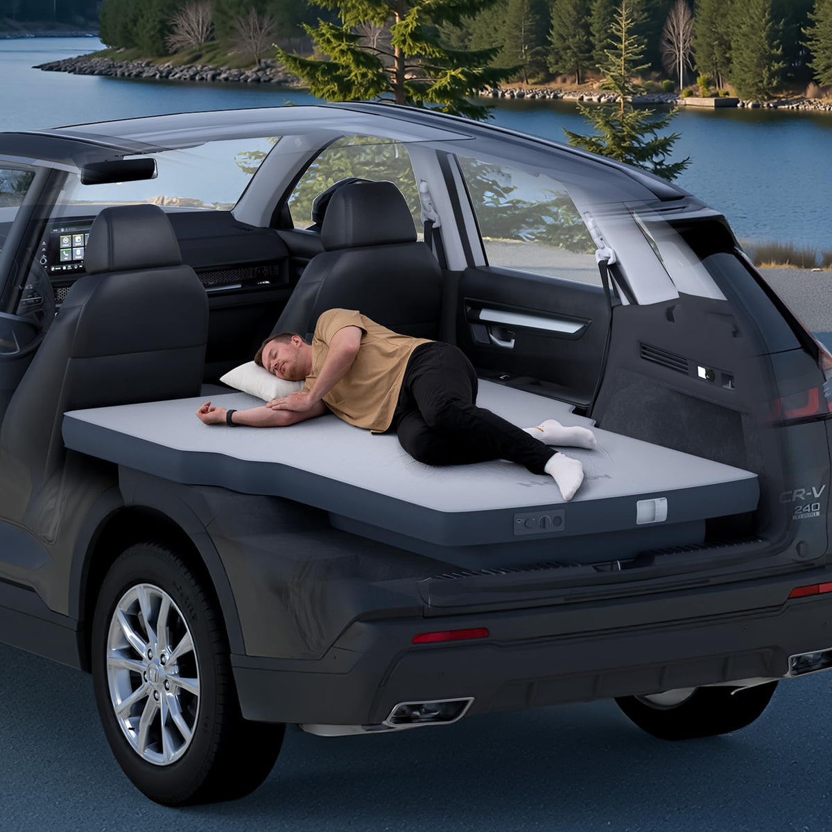 Havnby AutoLevel flat backseat demonstrates an even sleeping surface for Honda CR-V road trips.