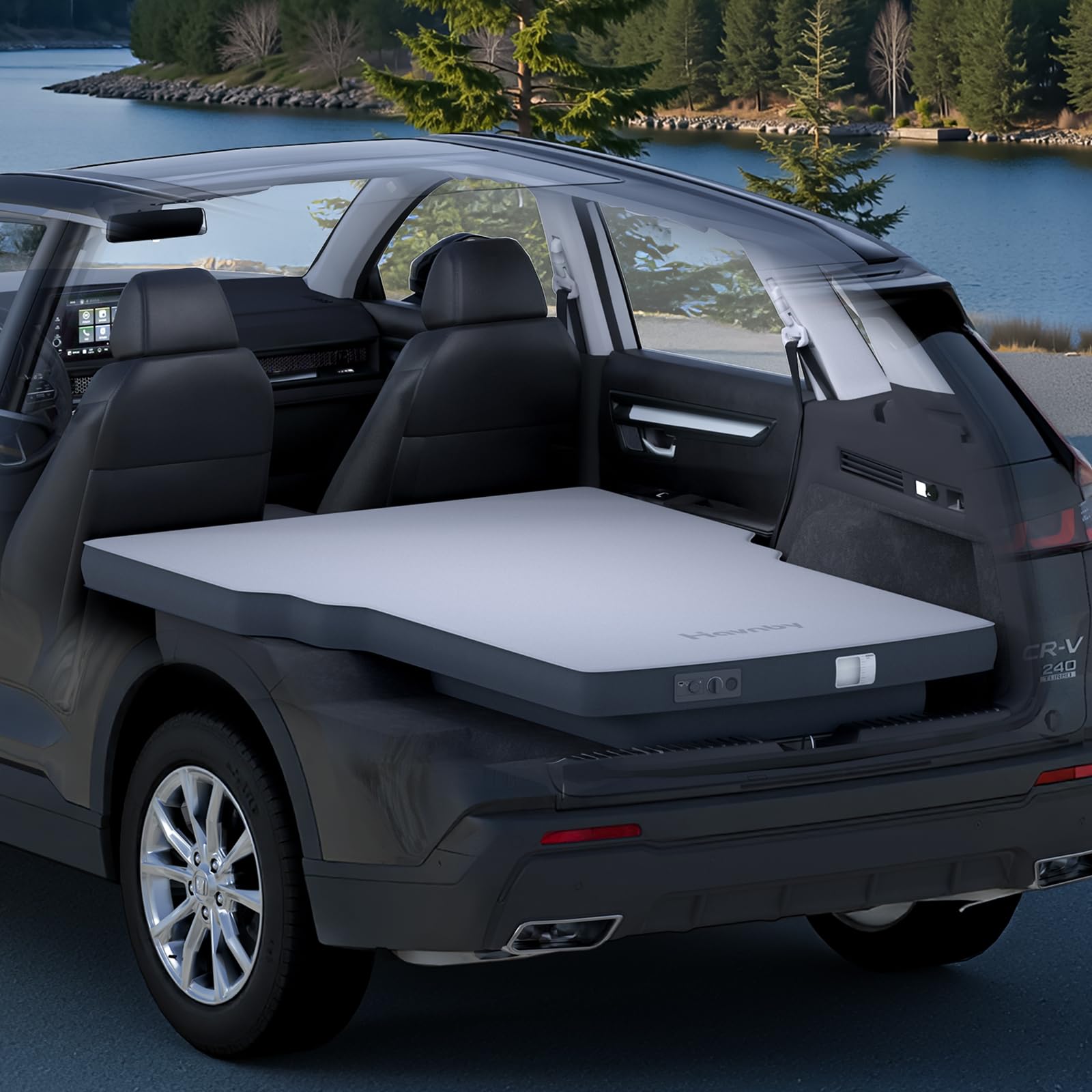 Havnby AutoLevel foam mattress on CR-V adds comfortable backseat sleeping surface.