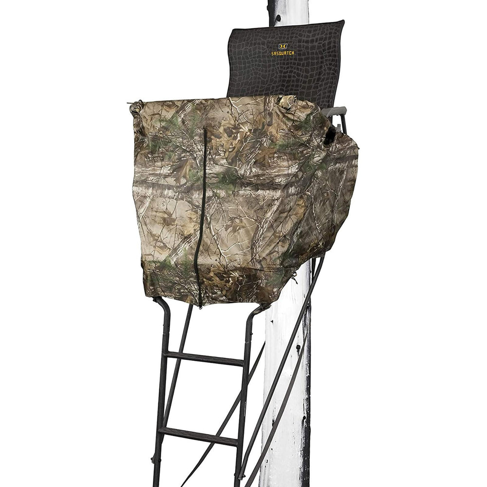 Hawk 1.5-Man Ladder Blind Kit cover blends with trees for enhanced concealment.