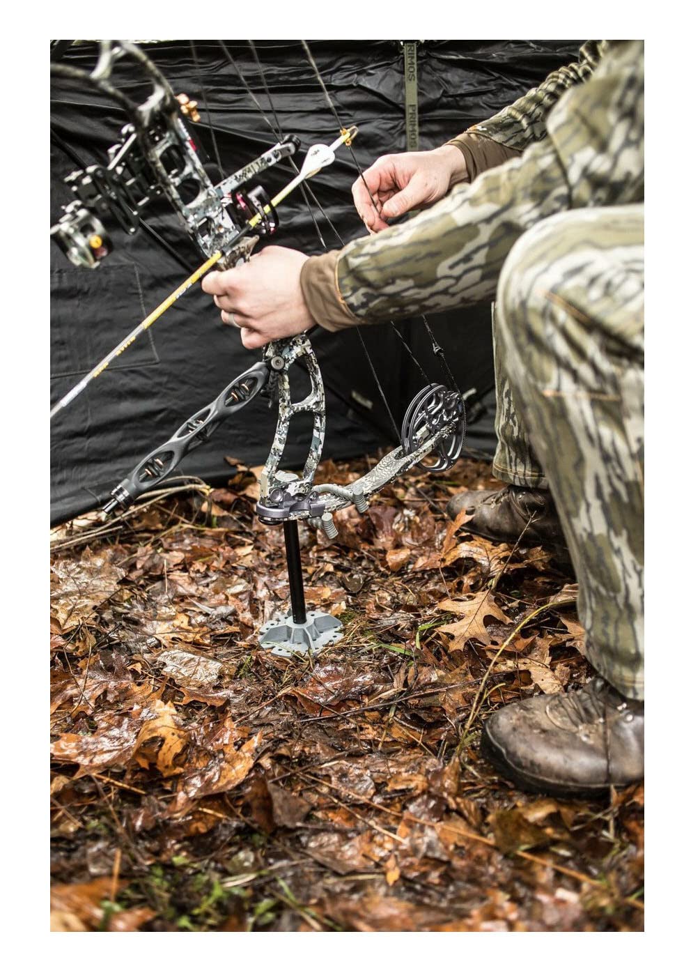 Hawk Earth Anchor Bow Holder limb fork provides silent 360-degree adjustment for quick access.