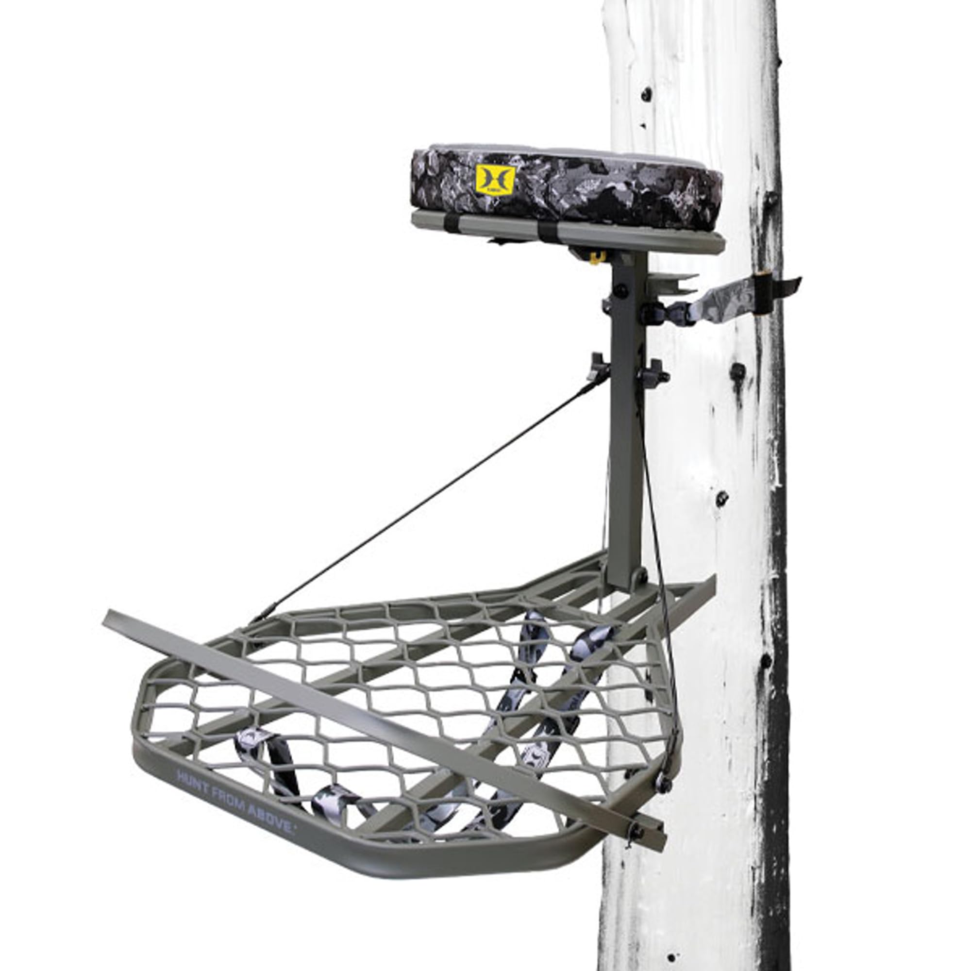 Hawk Hang-On tree stand platform provides a wide, stable hunting surface.