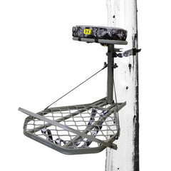 Hawk Hang-On tree stand platform provides a wide, stable hunting surface.