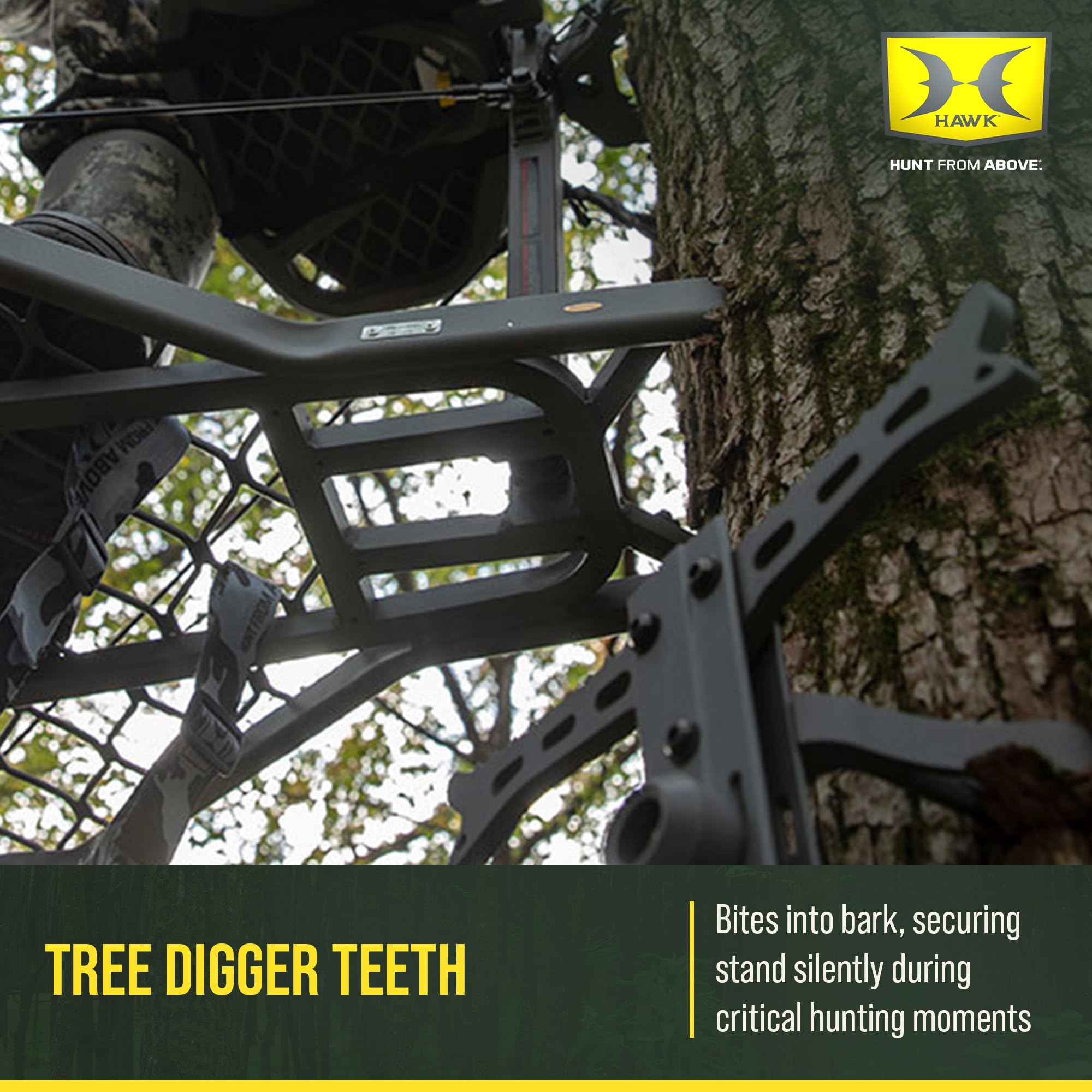 Hawk Hang-On tree digger teeth anchor securely to bark for stability.