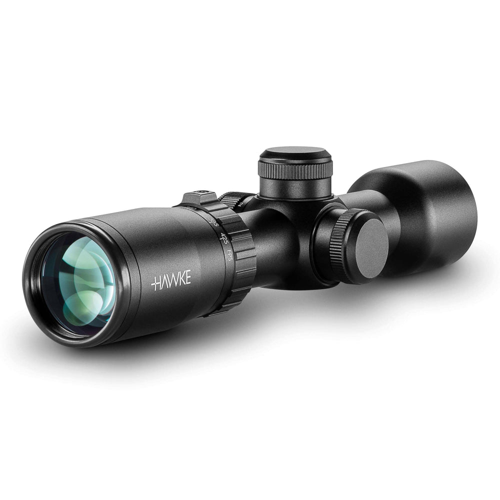 Hawke XB1 crossbow scope SR reticle illuminated for quick aiming in low light.
