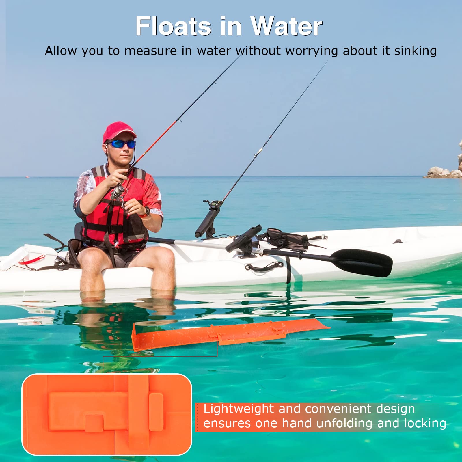 Floating foldable fish ruler shown on water
