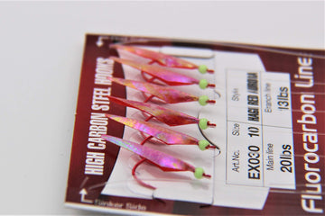 Hayabusa EX030-4 Sabiki Red close-up, visible red rigs ideal for attracting small baitfish
