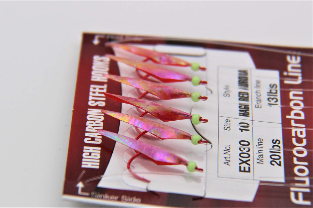 Hayabusa EX030-4 Sabiki Red close-up, visible red rigs ideal for attracting small baitfish