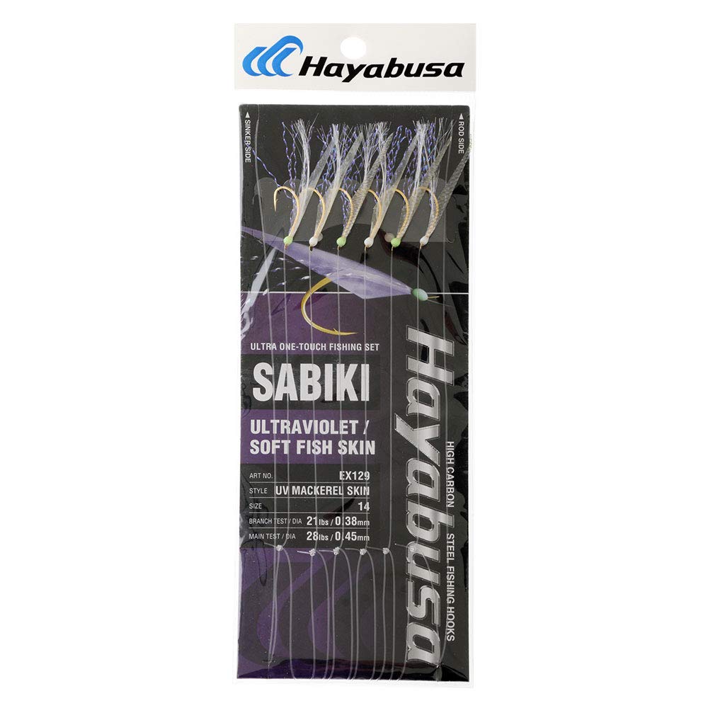 Hayabusa EX129 UV Mackerel Skin Sabiki rig glows to boost visibility at dawn.