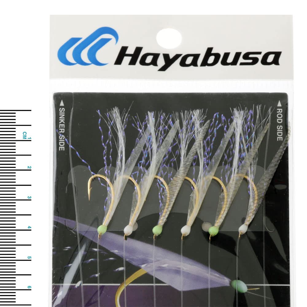 Hayabusa EX129 UV Mackerel Skin Sabiki rig with 6 hooks for multi-target rigging.