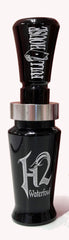 Haydel's H2FH Full House duck call closeup in black acrylic, windy marsh readiness.