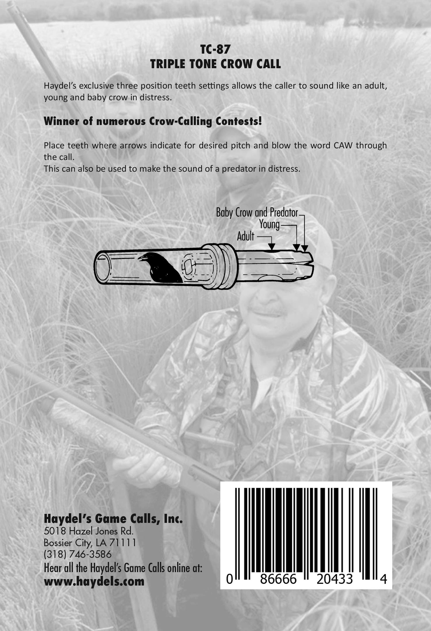 Haydel's TC-87 crow call side view showing adjustable teeth settings