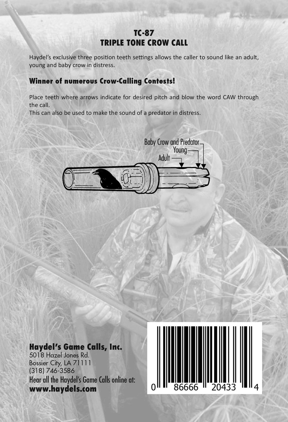 Haydel's TC-87 crow call side view showing adjustable teeth settings