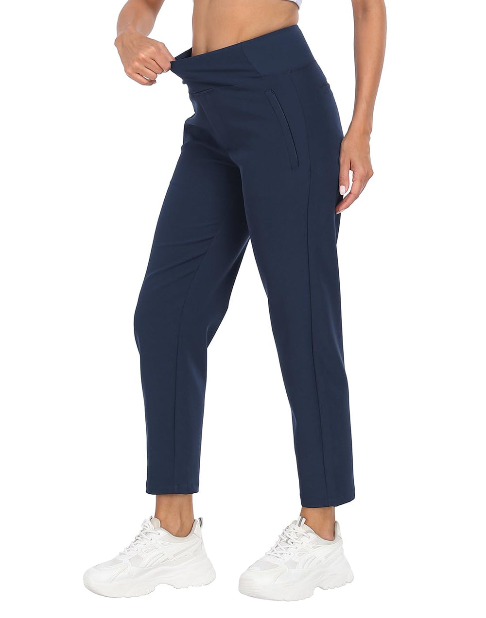 HDE travel pants navy model size-4 demonstrates real-world fit.
