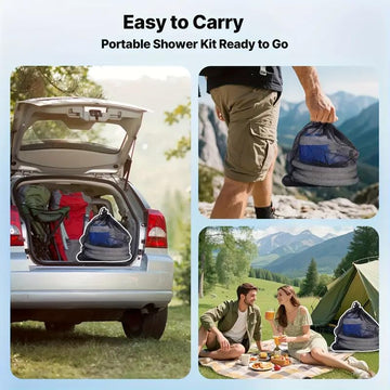 HDView portable camping shower pump storage bag – includes mesh bag for clutter-free transport.