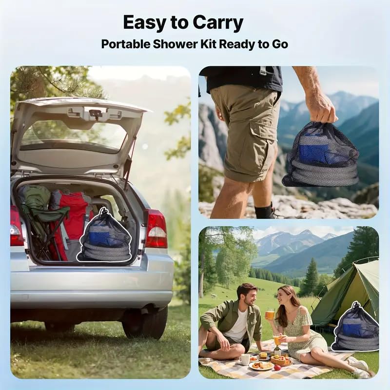 HDView portable camping shower pump storage bag – includes mesh bag for clutter-free transport.