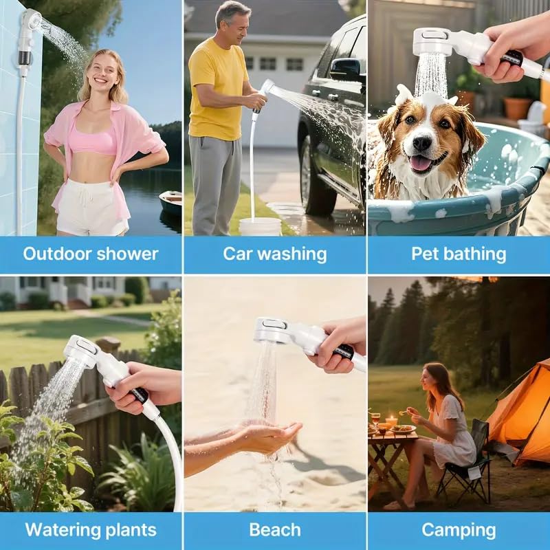 HDView portable camping shower pump suction cup and hook – secure setup on smooth surfaces or trees.