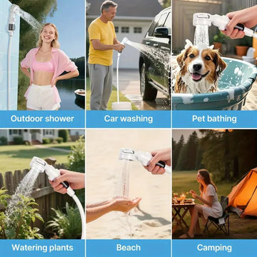 HDView portable camping shower pump suction cup and hook – secure setup on smooth surfaces or trees.